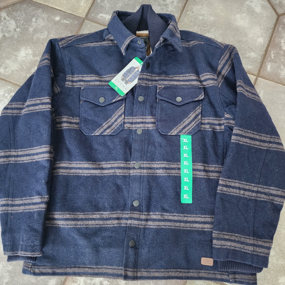 Jachs New York Mens Sherpa  Lined Navy and Tan Plaid Shirt Jacket
